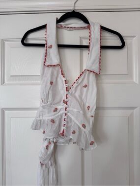 Free People White Crop Top with Red Trim and Floral Embroidery